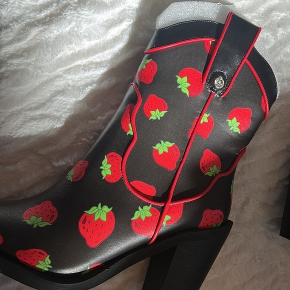 DOLLS KILL X STRAWBERRY SHORTCAKE Black Red Strawberry Heeled western Boots 10 - Picture 8 of 10